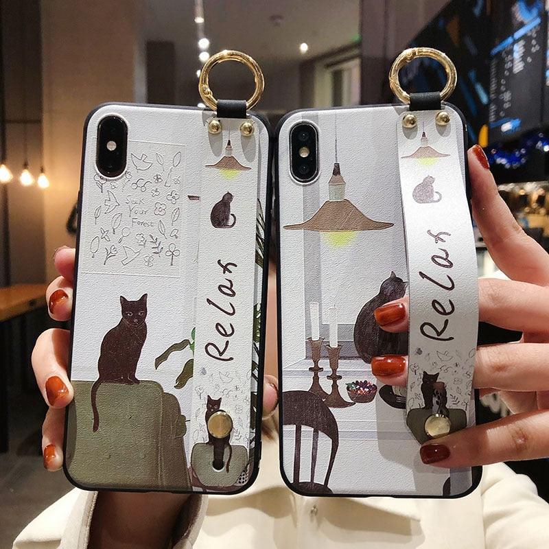 Cartoon Cute Cat Wrist Strap Soft Phone Case For Iphone 13 11 12 14 Pro Max X Xr Xs Max Se 2020 7 8 Plus 14plus Holder Cover Thanksgiving Cute Cats Silicone Case For Iphone by Stevvex