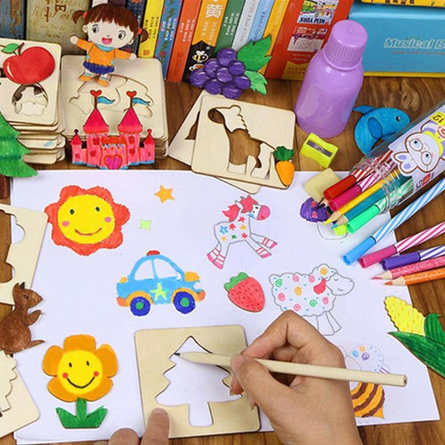 100Pcs Baby Wooden Drawing Toys Painting Stencil Templates Coloring Board Children Creative Doodles Early Learning Education Toy by Stevvex