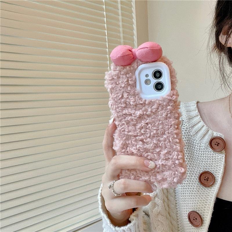 Fluffy Warm Cover Case For Iphone 13 12 11 Pro Xs Max X Xr Cases 3D Cartoon Bow Ear Furry Fluffy Warm Case For Iphone 7plus 8plus 12pro Phone Case by Stevvex