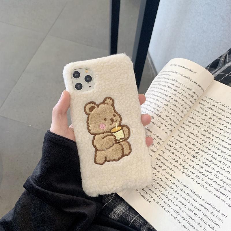 Cute Brown Bear Plush Phone Case For Iphone 14 11 12 13 Pro Max 7 8 X XS Max XR SE2 Autumn And Winter Shockproof Full Case Cover Cute Bear Animal Winter Warm Plush Fabric Phone Case by Stevvex