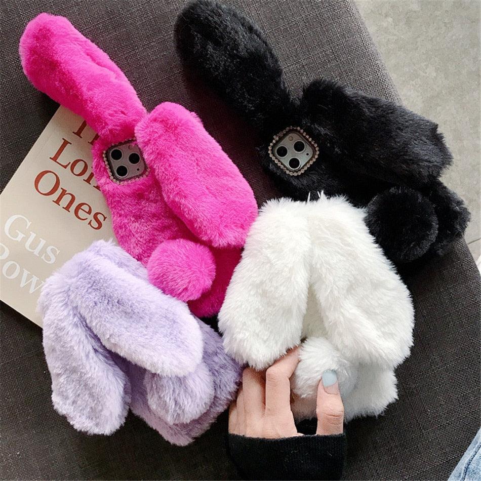 Cute Stuffed Plush Fluffy Case For iPhone 13 12 11 Pro XS Max X XR 12Mini Rabbit Ears Furry fluffy Fur Plush Warm Cover for iPhone 6 6S 7 8 Plus Phone Case by Stevvex
