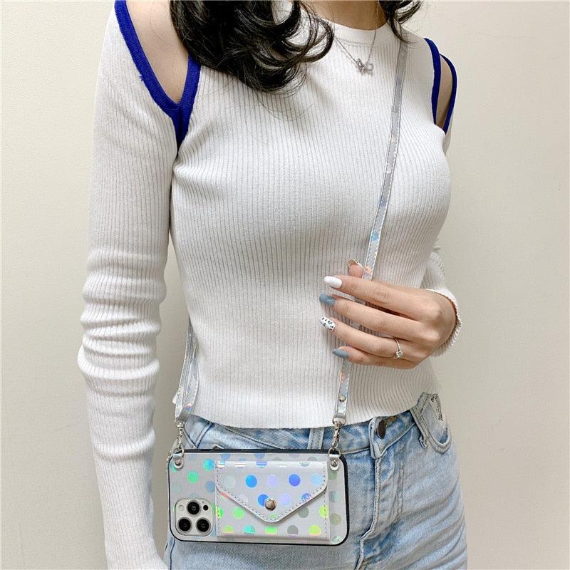 Luxury Little Dots Wallet Shoulder Strap Phone Case For iPhone 14 14Pro Max 13 12 Mini 11 Pro XSXR 7 8 Plus Leather Wallet Case with Card Holder Neck Strap Wrist Strap Pocket Cover by Stevvex
