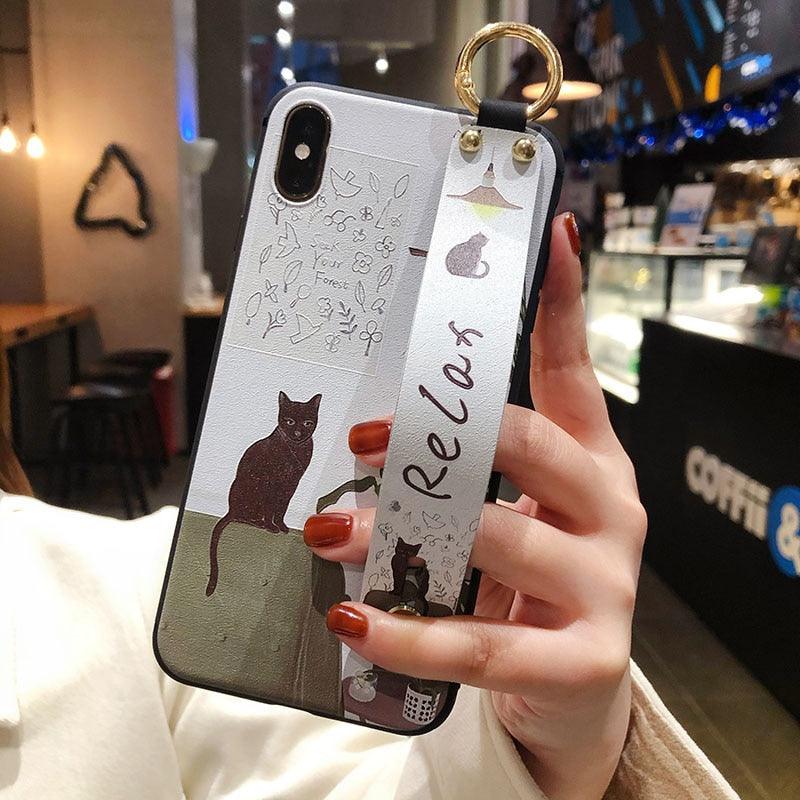 Cartoon Cute Cat Wrist Strap Soft Phone Case For Iphone 13 11 12 14 Pro Max X Xr Xs Max Se 2020 7 8 Plus 14plus Holder Cover Thanksgiving Cute Cats Silicone Case For Iphone by Stevvex