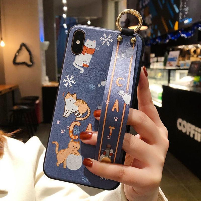 Cartoon Cute Cat Wrist Strap Soft Phone Case For Iphone 13 11 12 14 Pro Max X Xr Xs Max Se 2020 7 8 Plus 14plus Holder Cover Thanksgiving Cute Cats Silicone Case For Iphone by Stevvex