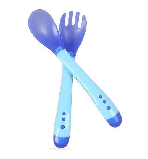 1 Set Children Kids Tableware Temperature Silicone Soft Spoon Fork Cutlery Feeding Dish Infant Boys and Girls Unique Baby Feeding Tool by Stevvex