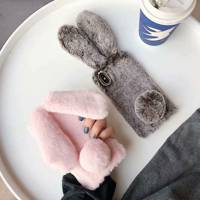 Cute Stuffed Plush Fluffy Case For iPhone 13 12 11 Pro XS Max X XR 12Mini Rabbit Ears Furry fluffy Fur Plush Warm Cover for iPhone 6 6S 7 8 Plus Phone Case by Stevvex