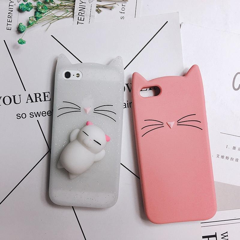 Cat Soft Silicone Mobile Phone Case Back Cover 3D Cute Bear Seal Phone Case For iPhone 6 6S 7 8 Plus X Case Cartoon Cat Ear Silicone Case For iPhone5S SE 8 Plus by Stevvex