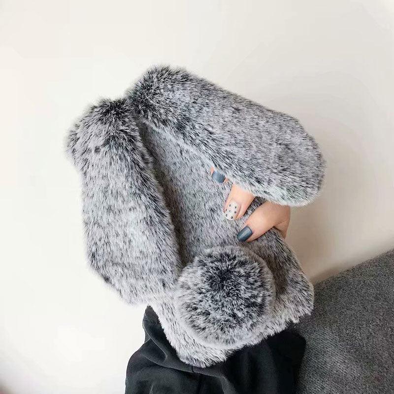 Cute Stuffed Plush Fluffy Case For iPhone 13 12 11 Pro XS Max X XR 12Mini Rabbit Ears Furry fluffy Fur Plush Warm Cover for iPhone 6 6S 7 8 Plus Phone Case by Stevvex