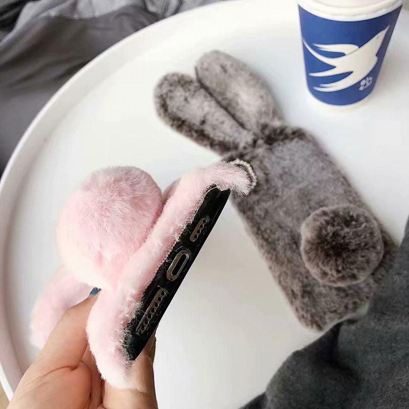 Cute Stuffed Plush Fluffy Case For iPhone 13 12 11 Pro XS Max X XR 12Mini Rabbit Ears Furry fluffy Fur Plush Warm Cover for iPhone 6 6S 7 8 Plus Phone Case by Stevvex