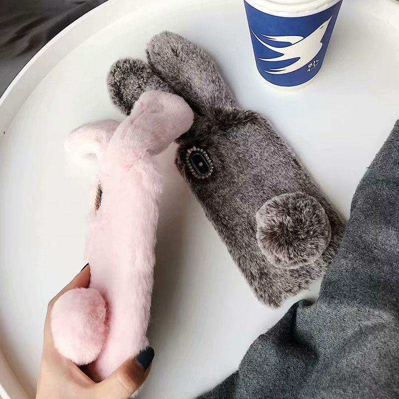 Cute Stuffed Plush Fluffy Case For iPhone 13 12 11 Pro XS Max X XR 12Mini Rabbit Ears Furry fluffy Fur Plush Warm Cover for iPhone 6 6S 7 8 Plus Phone Case by Stevvex