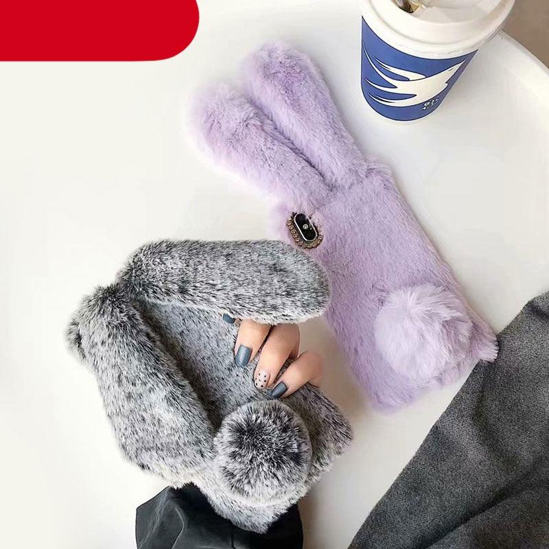 Cute Stuffed Plush Fluffy Case For iPhone 13 12 11 Pro XS Max X XR 12Mini Rabbit Ears Furry fluffy Fur Plush Warm Cover for iPhone 6 6S 7 8 Plus Phone Case by Stevvex