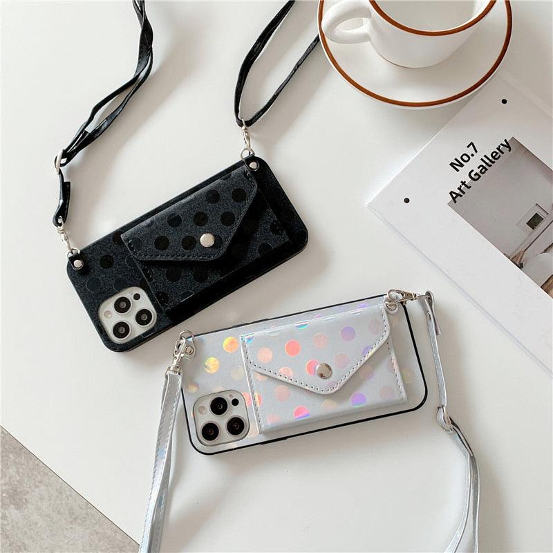 Luxury Little Dots Wallet Shoulder Strap Phone Case For iPhone 14 14Pro Max 13 12 Mini 11 Pro XSXR 7 8 Plus Leather Wallet Case with Card Holder Neck Strap Wrist Strap Pocket Cover by Stevvex