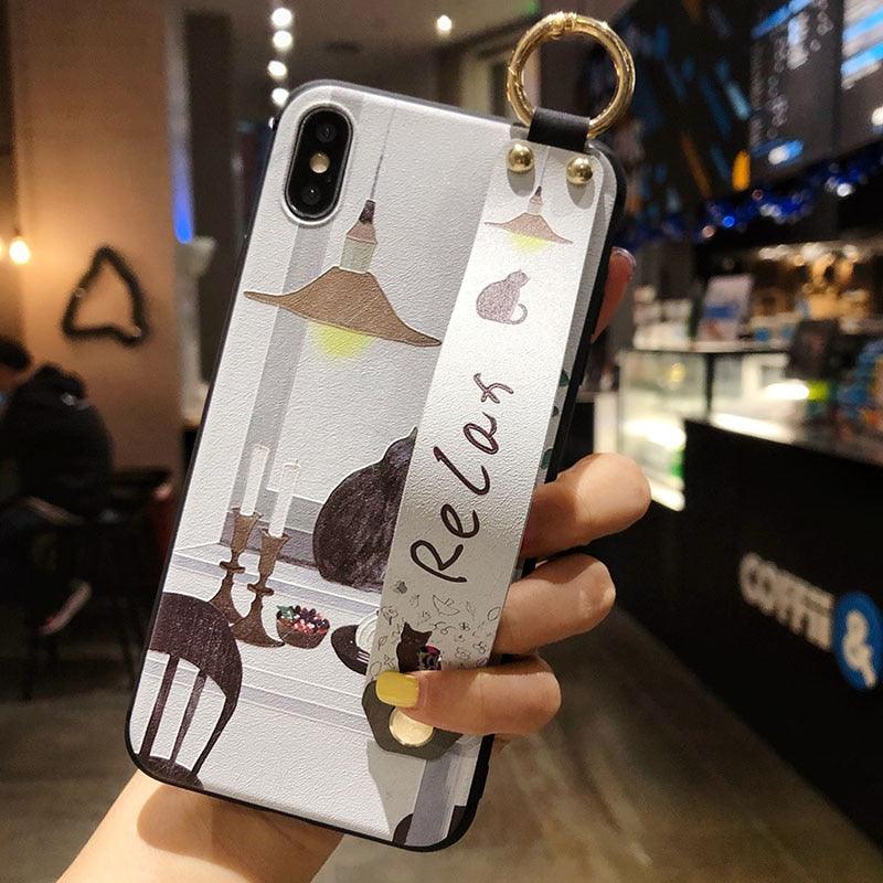 Cartoon Cute Cat Wrist Strap Soft Phone Case For Iphone 13 11 12 14 Pro Max X Xr Xs Max Se 2020 7 8 Plus 14plus Holder Cover Thanksgiving Cute Cats Silicone Case For Iphone by Stevvex