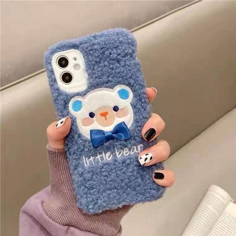 Cute Brown Bear Plush Phone Case For Iphone 14 11 12 13 Pro Max 7 8 X XS Max XR SE2 Autumn And Winter Shockproof Full Case Cover Cute Bear Animal Winter Warm Plush Fabric Phone Case by Stevvex