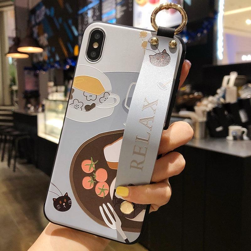 Cartoon Cute Cat Wrist Strap Soft Phone Case For Iphone 13 11 12 14 Pro Max X Xr Xs Max Se 2020 7 8 Plus 14plus Holder Cover Thanksgiving Cute Cats Silicone Case For Iphone by Stevvex