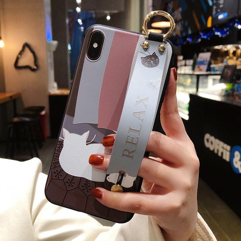 Cartoon Cute Cat Wrist Strap Soft Phone Case For Iphone 13 11 12 14 Pro Max X Xr Xs Max Se 2020 7 8 Plus 14plus Holder Cover Thanksgiving Cute Cats Silicone Case For Iphone by Stevvex