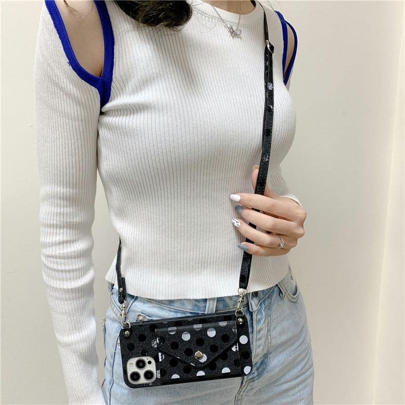 Luxury Little Dots Wallet Shoulder Strap Phone Case For iPhone 14 14Pro Max 13 12 Mini 11 Pro XSXR 7 8 Plus Leather Wallet Case with Card Holder Neck Strap Wrist Strap Pocket Cover by Stevvex