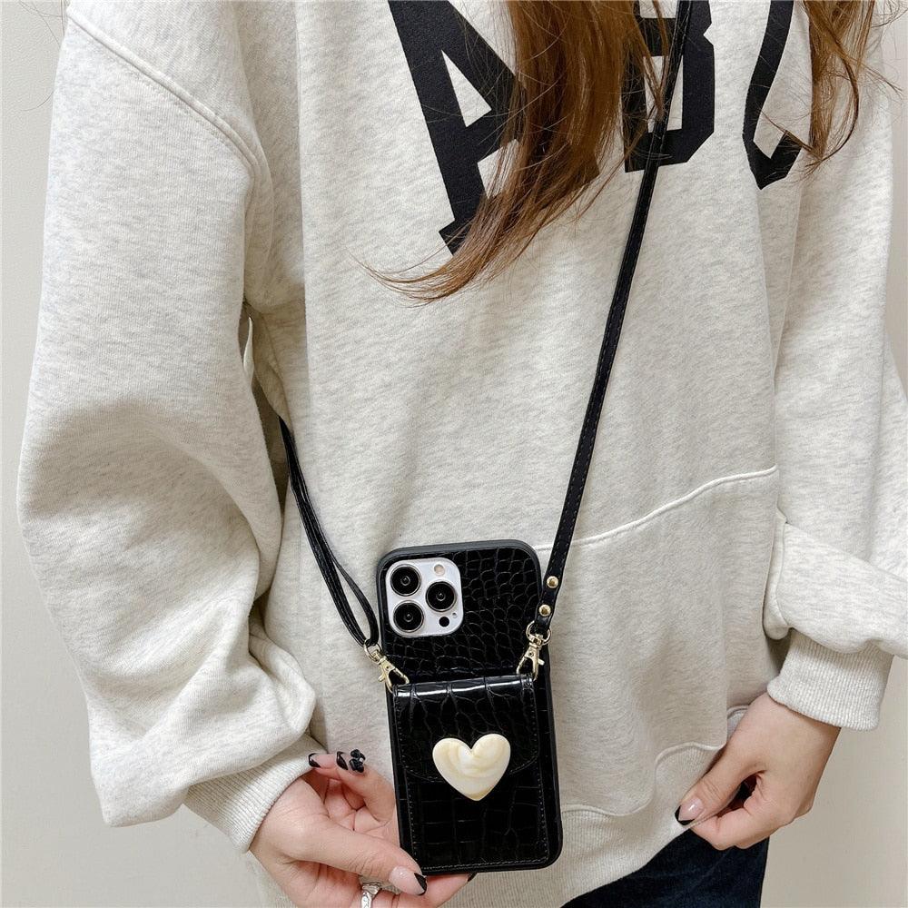 Attractive Luxury Love Black Lanyard Phone Case for iPhone 12 13 Mini 7 8 Plus 11 Pro Max X XS XR Cover Handbag Case with Card Holder Lanyard Adjustable Strap Cover For iPhone by Stevvex