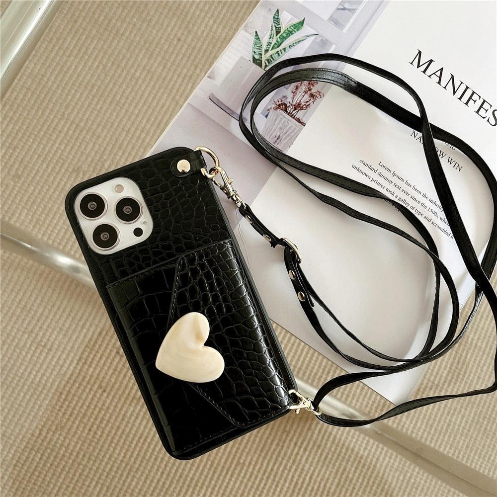 Attractive Luxury Love Black Lanyard Phone Case for iPhone 12 13 Mini 7 8 Plus 11 Pro Max X XS XR Cover Handbag Case with Card Holder Lanyard Adjustable Strap Cover For iPhone by Stevvex