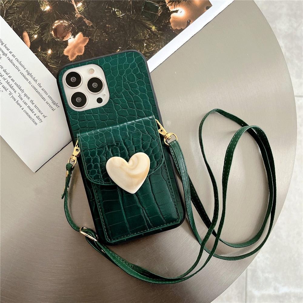 Attractive Luxury Love Black Lanyard Phone Case for iPhone 12 13 Mini 7 8 Plus 11 Pro Max X XS XR Cover Handbag Case with Card Holder Lanyard Adjustable Strap Cover For iPhone by Stevvex