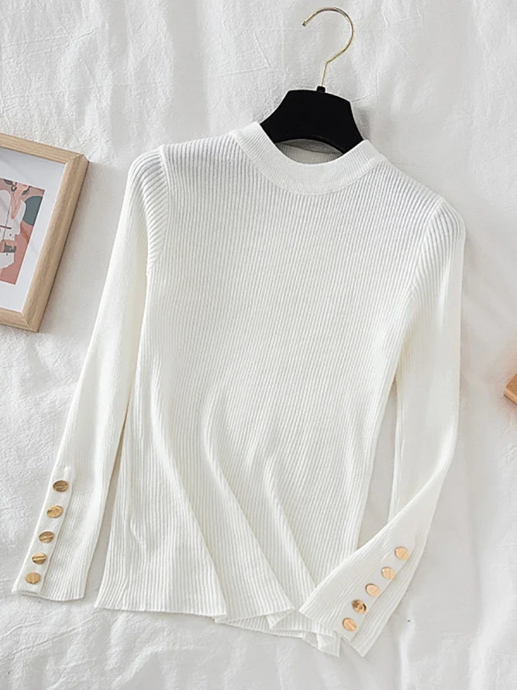2026 women thick sweater pullovers khaki casual autumn winter button o-neck chic sweater female slim knit top soft jumper tops