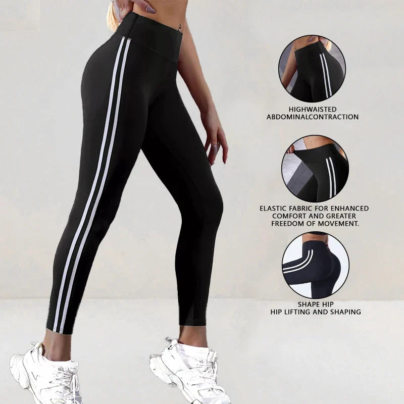 Womens High Waist Striped Yoga Leggings Butt Lifting Stretchy Breathable Tummy Control Soft Workout Pants for Gym Running