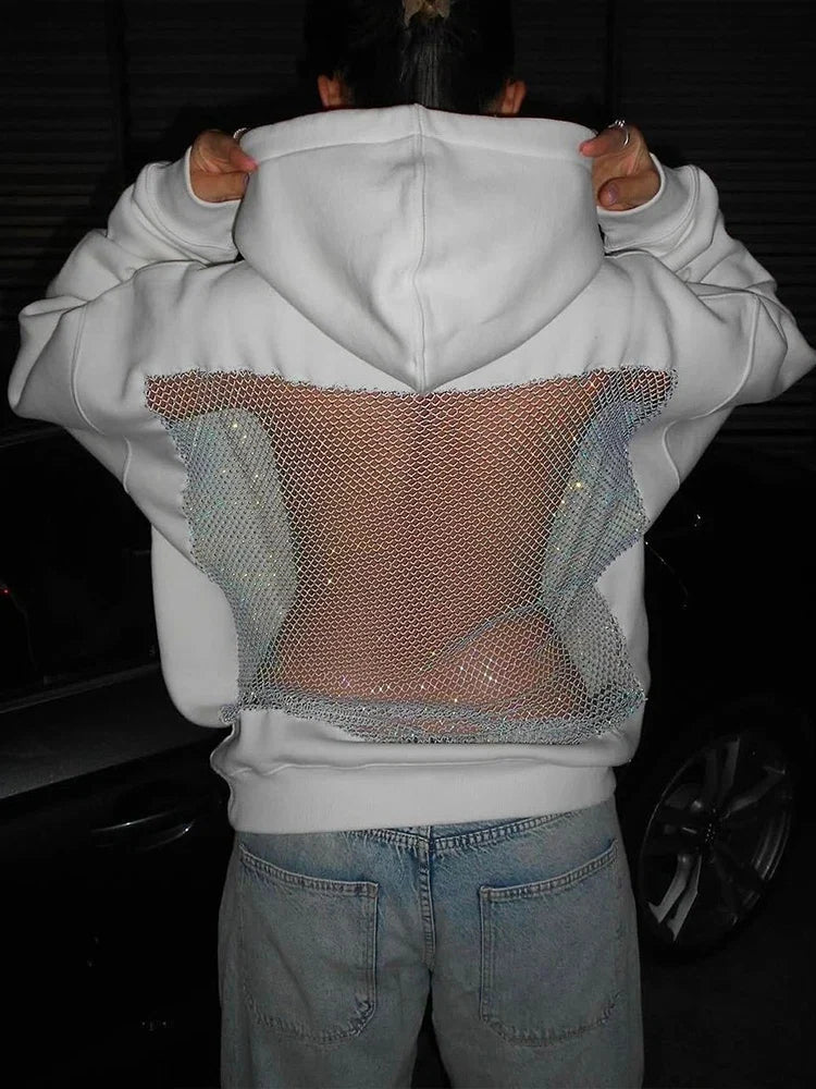Sisterlinda Hooded Harajuku Sweatshirt Women Autumn Trend Backless ShinyThrea Mesh Patchwork Casual Street Hipster Pulloverr