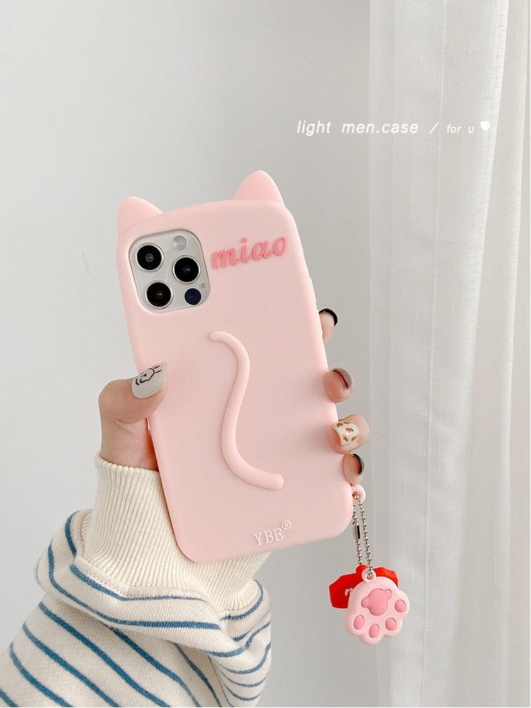 Cartoon Cute Cat Ear Phone Case For Iphone 14 12 13 11pro Max X Xr Xs 7 14plus Matte Soft Silicone Shockproof Case Funny Cat Design Cute Back Case by Stevvex