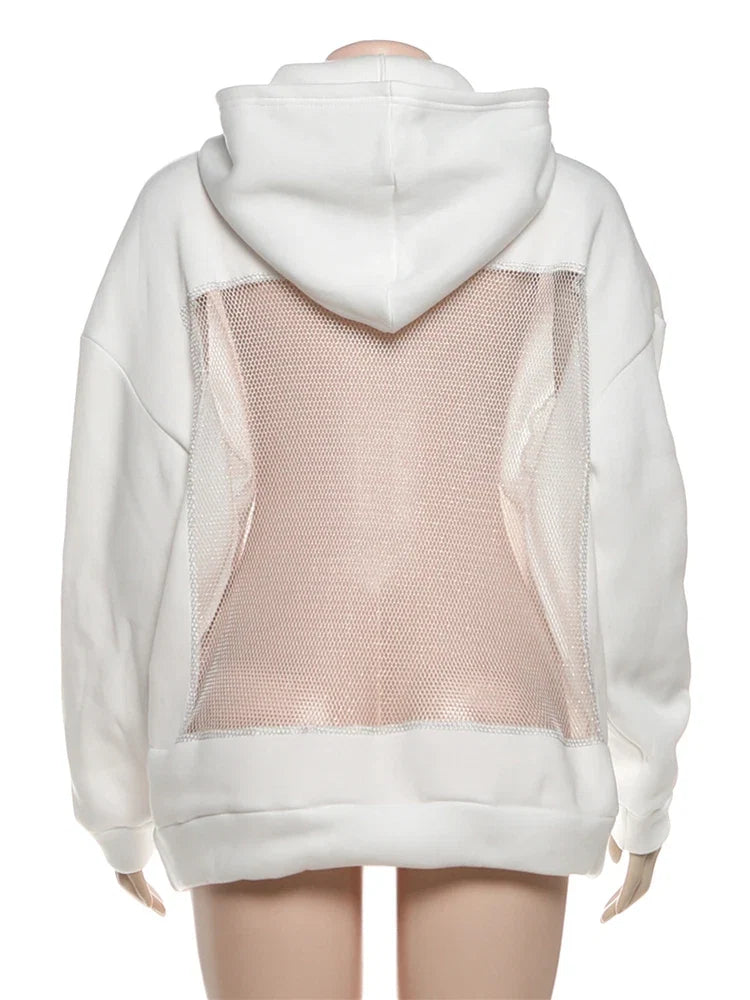 Sisterlinda Hooded Harajuku Sweatshirt Women Autumn Trend Backless ShinyThrea Mesh Patchwork Casual Street Hipster Pulloverr
