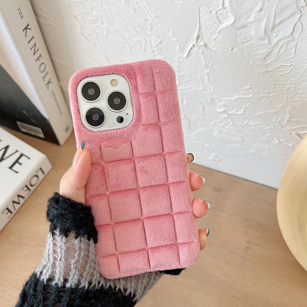 Fashion Fur Winter Warm Plush Square Lattice Solid Color Phone Case For iPhone 14 13 12 11 Pro Max Plus Fluffy Back Cover Case Silicon Soft Fluffy Furry Shockproof Protective Phone Case for iPhone by Stevvex