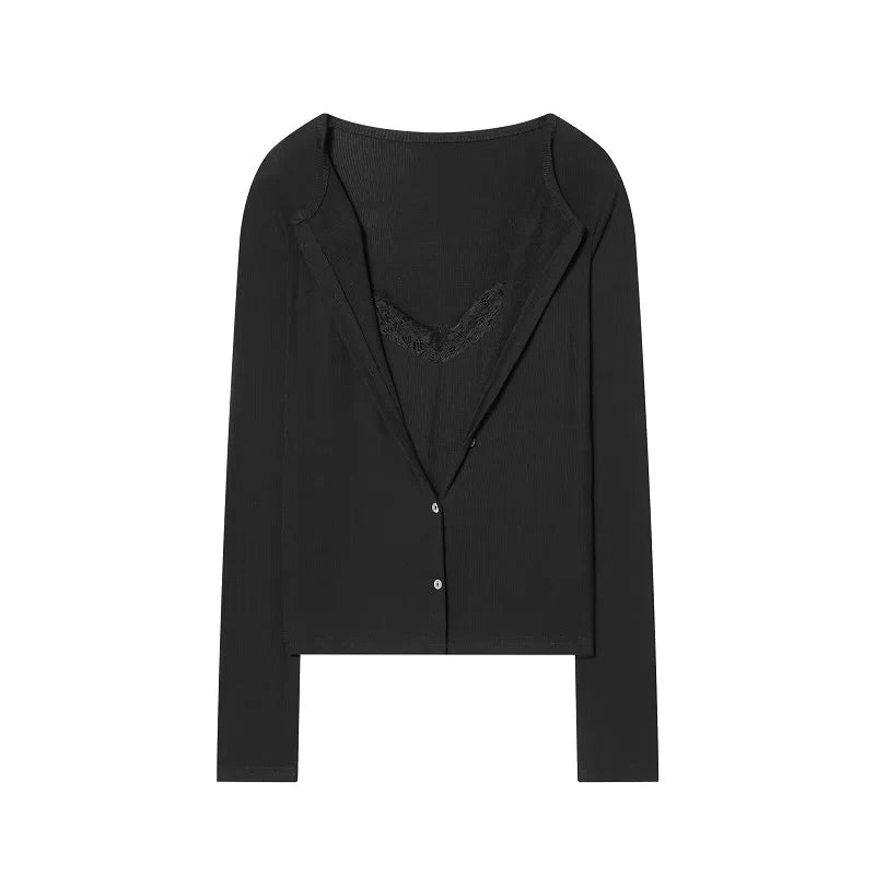 MUJER Lace Cropped Cardigan Women Button up Knit Tops Woman Vintage Knitwears Long Sleeve Knitted Cardigans Sweaters for Women