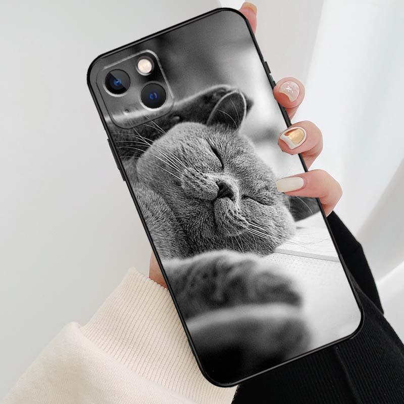 Beautiful Grey British Shorthair Cat Case For iPhone 12 13 Mini 13 11 12 14 Pro Max XS X XR 6S 7 8 Plus SE 2020 Silicone Cover Silicone Soft Black Moon Smooth Print Design by Stevvex