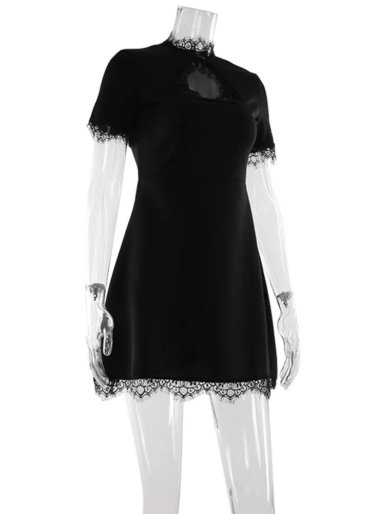 Ahagaga Sexy Women's Mini Dresses Patchwork Short Sleeves Lace Hollow Out Slim Fit Trend Baisc Turtleneck Streetwear Female Robe
