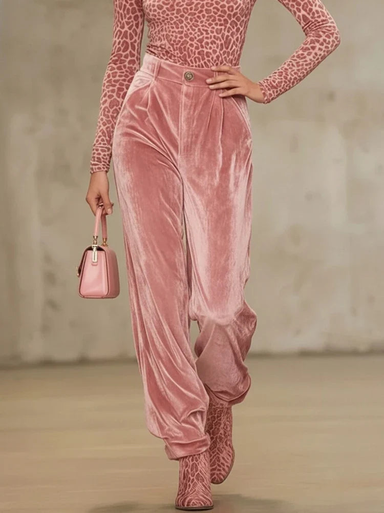 Bonboho Women's Pink Velvet High Waist Pants Buttoned Loose Fit Full Length Trousers 2026 Stylish Pleated Pants Matching Bottoms