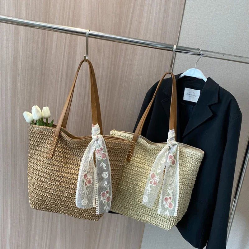 Summer Large Capacity Tote Bag Handmade Woven Shoulder Bag for Women Fresh Rural Style