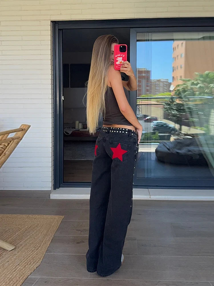 Trendy Women's Denim Jeans Pant High Waist Baggy Pants With Bead Studs Y2K Style High Street Jeans Female Casual Chic Trousers