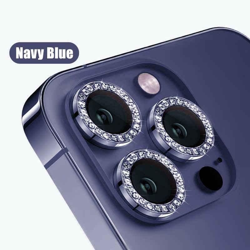 Glitter Diamond Rhinestones Metal Ring Camera Tempered Glass For iPhone 11 12 13 14 Pro Max Mini Plus Lens Protector Full Cover 9H Tempered Glass Camera Lens Protector Metal Single Ring Full Coverage Camera Lens Protector by Stevvex