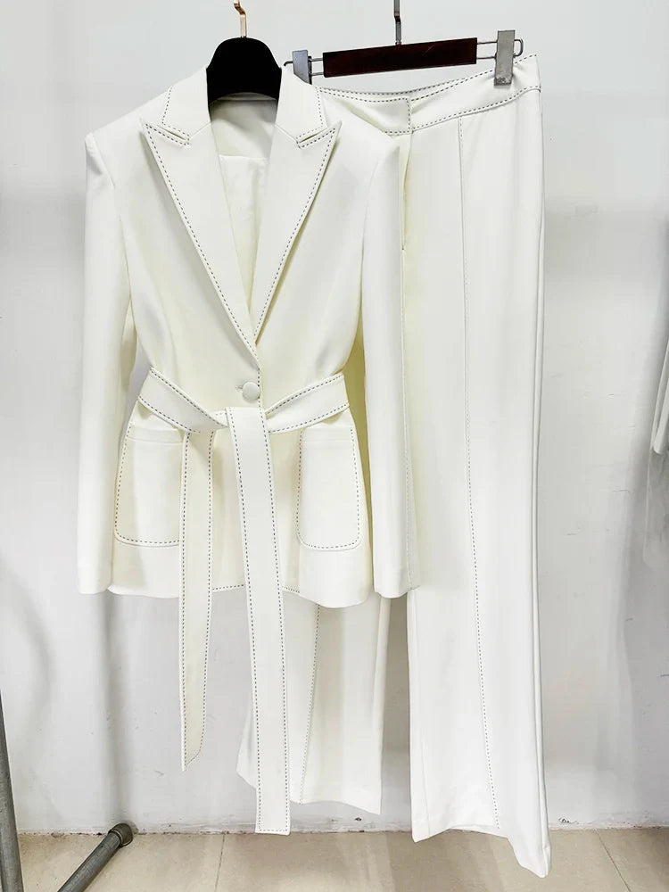 HIGH STREET Newest Fashion 2026 Designer Suit Set Women's Contrast Stitching Belted Blazer Pants Suit 2pcs
