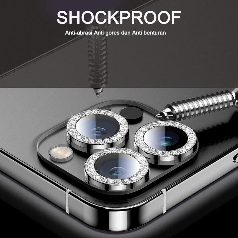 Glitter Diamond Rhinestones Metal Ring Camera Tempered Glass For iPhone 11 12 13 14 Pro Max Mini Plus Lens Protector Full Cover 9H Tempered Glass Camera Lens Protector Metal Single Ring Full Coverage Camera Lens Protector by Stevvex