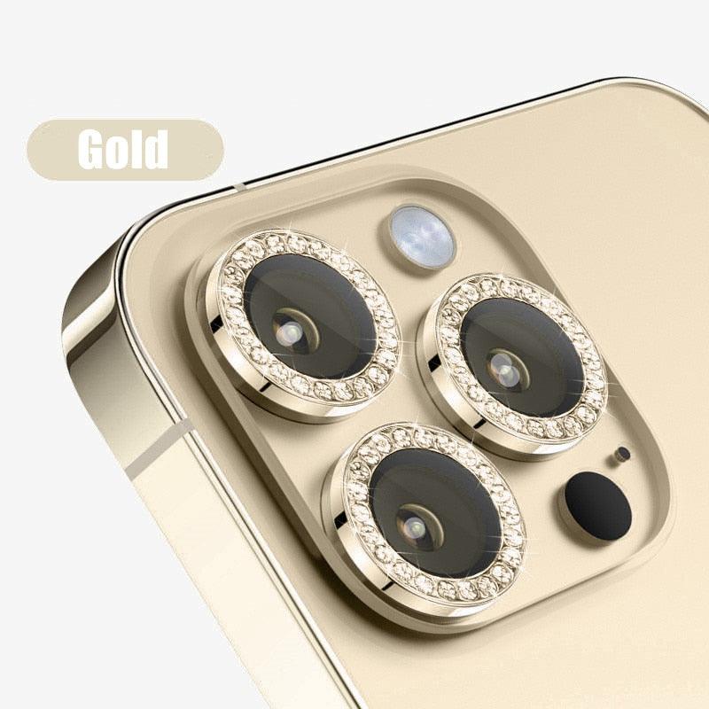Glitter Diamond Rhinestones Metal Ring Camera Tempered Glass For iPhone 11 12 13 14 Pro Max Mini Plus Lens Protector Full Cover 9H Tempered Glass Camera Lens Protector Metal Single Ring Full Coverage Camera Lens Protector by Stevvex