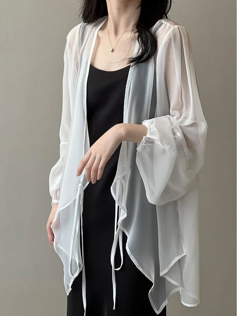 Shirts Women V-neck Loose Long Sleeve Open Stitch Korean Style Lace-up Simple Solid Summer Chiffon Breathable Minimalist Stylish