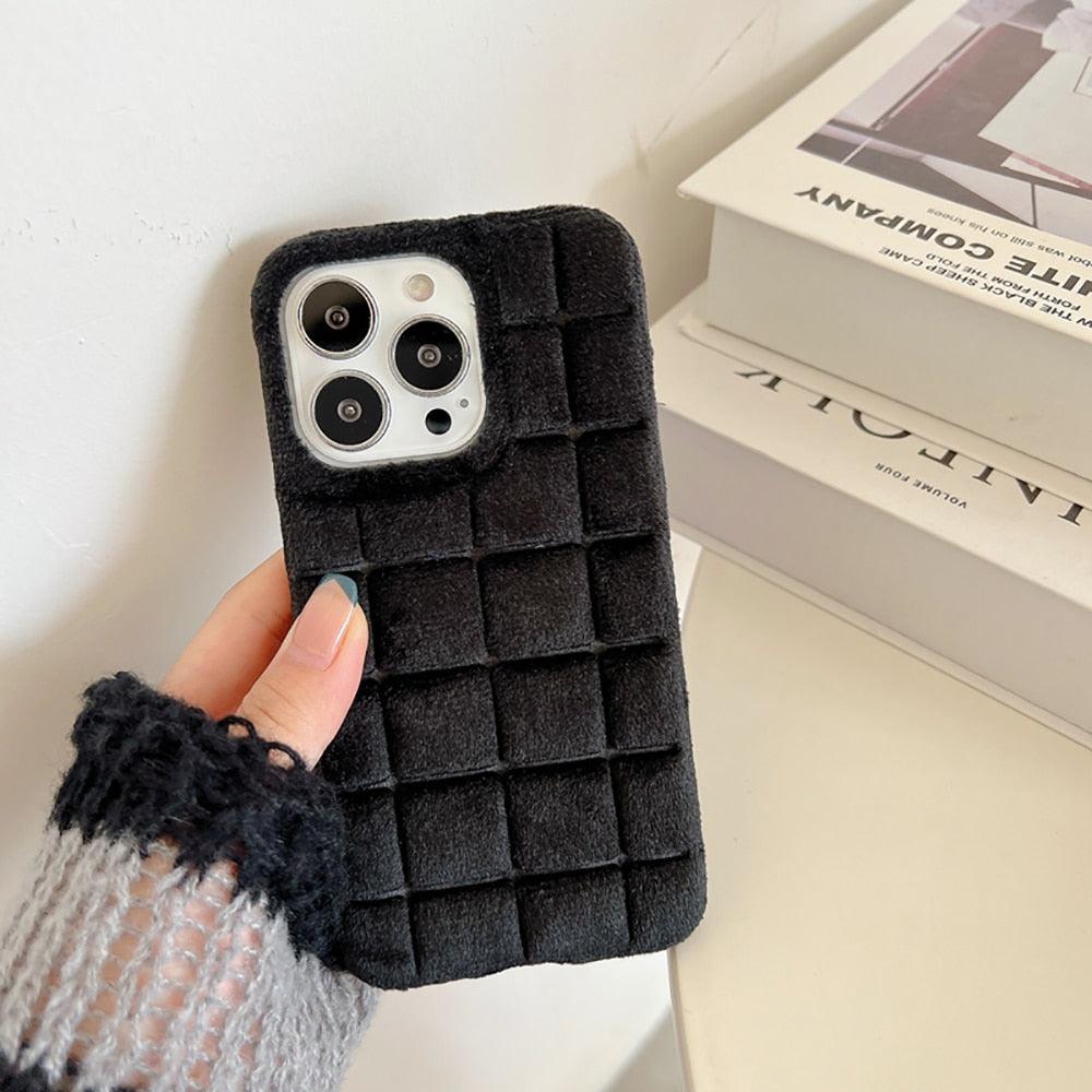 Fashion Fur Winter Warm Plush Square Lattice Solid Color Phone Case For iPhone 14 13 12 11 Pro Max Plus Fluffy Back Cover Case Silicon Soft Fluffy Furry Shockproof Protective Phone Case for iPhone by Stevvex