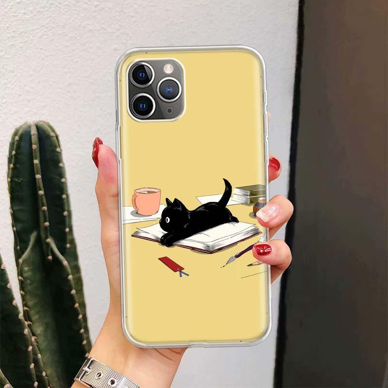 Black Cat Cartoon Cute For Iphone 11 13 14 Pro Max 12 Mini Phone Case X Xs Xr 6 6s 8 7 Plus Se 5 5s Cover Cute Funny Aesthetic Cat Design Pattern Silicone Soft Phone Case by Stevvex