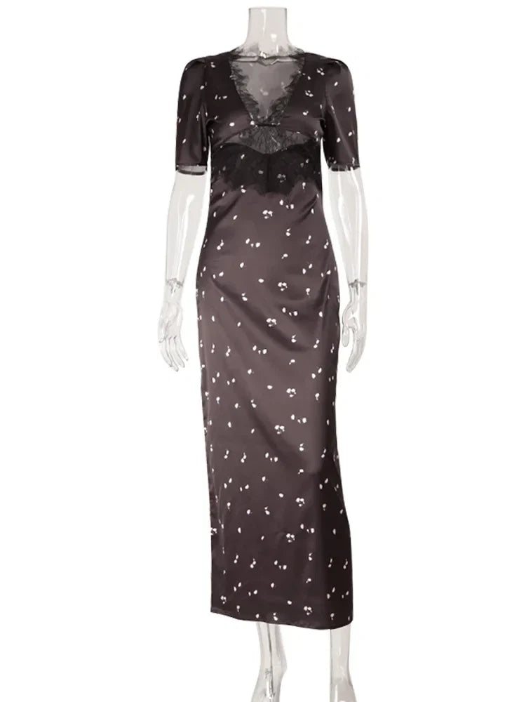 Lace Patchwork Printed Maxi Dresses For Women Fashion Sexy Streetwear Short Sleeves Slim Hollow Out Long Vestidos Robes Female