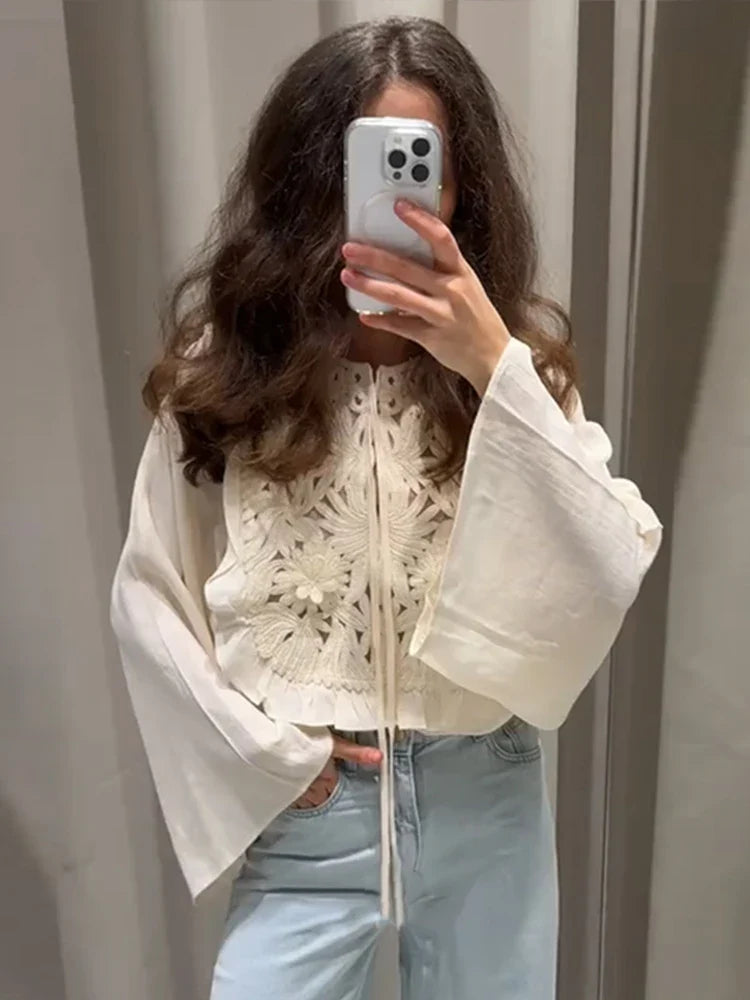 Chic Flared Sleeves O Neck Loose Lace Up Shirt Mini Skirts Elegant Floral Embroidered Skirt Set for Women Summer Lady 2 Pcs Suit
