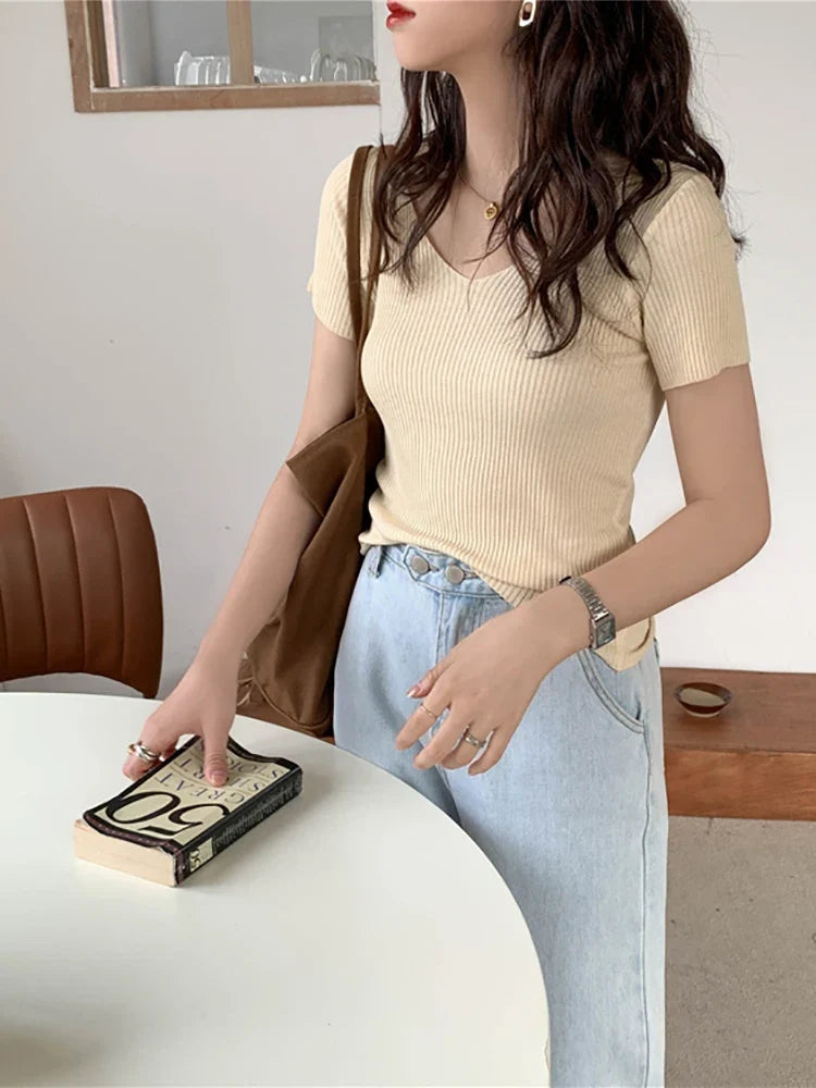 AOSSVIAO 2026 Basic V-neck Solid Thin Summer Pullover Women Female Knitted Ribbed Sweater Slim Short Sleeve Bodycon Sweater