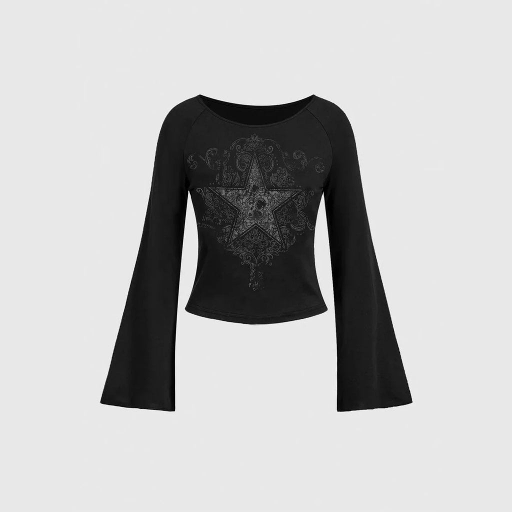 Y2K Grunge Emo Pattern Top Suitable for Autumn E-Girls Millennium Style Women's Aesthetic Gothic Printed Loose Long Sleeve T-shi
