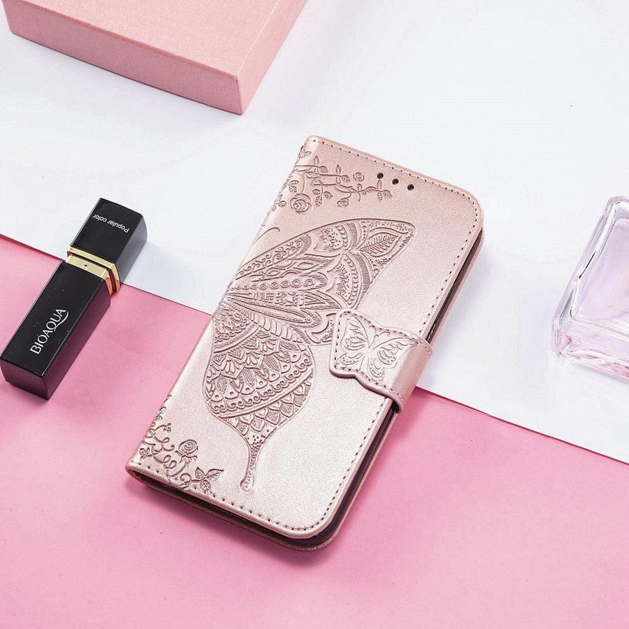 Luxury Pink Butterfly Flower Wallet Flip Case For iPhone 14 Pro Max 13 12 Classic Simple Leather Wallet Case with Card Holder Kickstand Wrist Strap Flip Cover for iPhone by Stevvex