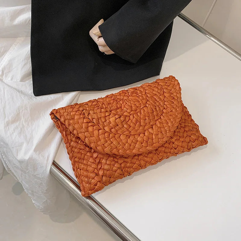 Women Fashion Flap Envelope Bags Summer Beach Bag Handmade Wallet Straw Knitted Handbag Lady Coin Phone Long Purse Clutches