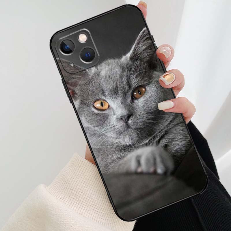 Beautiful Grey British Shorthair Cat Case For iPhone 12 13 Mini 13 11 12 14 Pro Max XS X XR 6S 7 8 Plus SE 2020 Silicone Cover Silicone Soft Black Moon Smooth Print Design by Stevvex